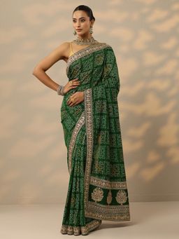 Libas - Womens Green Printed Silk Blend Saree with Unstitched Blouse