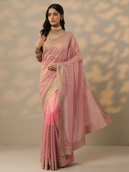 Libas - Womens Peach Embroidered Net Saree with Unstitched Blouse