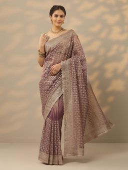 Libas - Womens Mauve Embroidered Net Saree with Unstitched Blouse