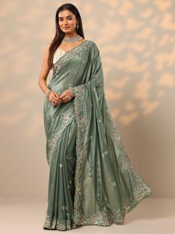 Libas - Womens Green Embroidered Pure Crepe Saree with Unstitched Blouse