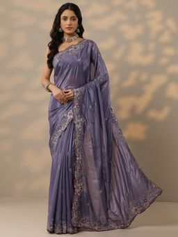 Libas - Womens Lavender Embroidered Pure Crepe Saree with Unstitched Blouse