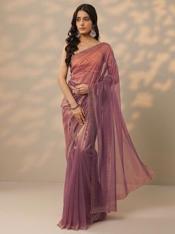 Libas - Womens Mauve Embellished Net Saree with Unstitched Blouse