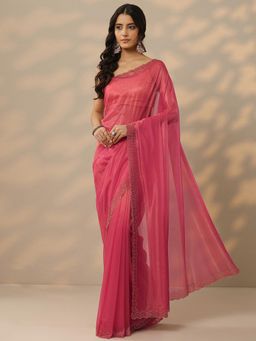 Libas - Womens Pink Embellished Net Saree with Unstitched Blouse