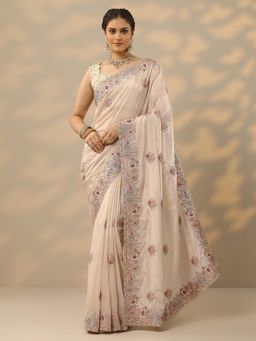 Libas - Womens Cream Embroidered Pure Crepe Saree with Unstitched Blouse