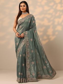Libas - Womens Green Embroidered Pure Crepe Saree with Unstitched Blouse