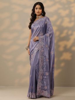 Libas - Womens Lavender Embroidered Pure Crepe Saree with Unstitched Blouse