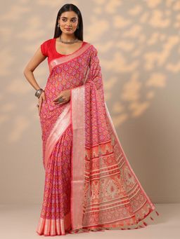Libas - Womens Orange Printed Pure Georgette Saree with Unstitched Blouse