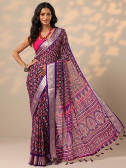 Libas - Womens Purple Printed Pure Georgette Saree with Unstitched Blouse