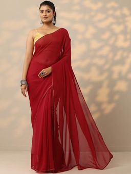 Libas - Womens Red Solid Pure Georgette Saree with Unstitched Blouse