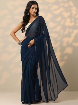 Libas - Womens Navy Blue Solid Pure Georgette Saree with Unstitched Blouse