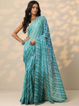 Libas - Womens Teal Printed Silk Blend Saree with Unstitched Blouse