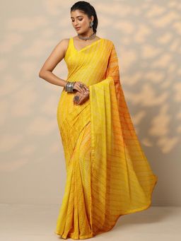 Libas - Womens Mustard Printed Silk Blend Saree with Unstitched Blouse
