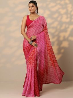 Libas - Womens Pink Printed Silk Blend Saree with Unstitched Blouse