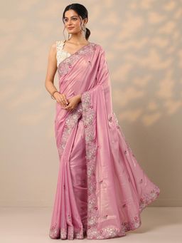 Libas - Womens Pink Embellished Pure Georgette Saree with Unstitched Blouse