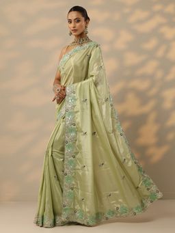 Libas - Womens Green Embellished Pure Georgette Saree with Unstitched Blouse
