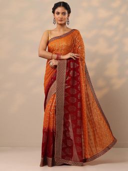 Libas - Womens Orange Printed Pure Georgette Saree with Unstitched Blouse