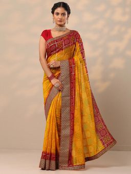 Libas - Womens Yellow Printed Pure Georgette Saree with Unstitched Blouse