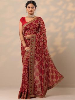 Libas - Womens Maroon Printed Pure Georgette Saree with Unstitched Blouse