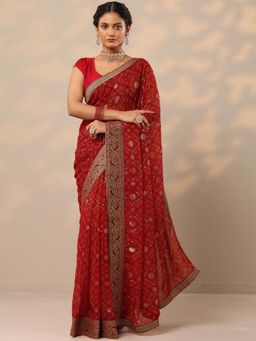 Libas - Womens Maroon Printed Pure Georgette Saree with Unstitched Blouse