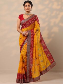 Libas - Womens Yellow Printed Pure Georgette Saree with Unstitched Blouse