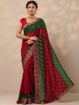 Libas - Womens Red Printed Pure Georgette Saree with Unstitched Blouse