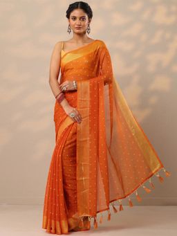 Libas - Womens Orange Printed Pure Chiffon Saree with Unstitched Blouse