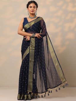 Libas - Womens Navy Blue Printed Pure Chiffon Saree with Unstitched Blouse
