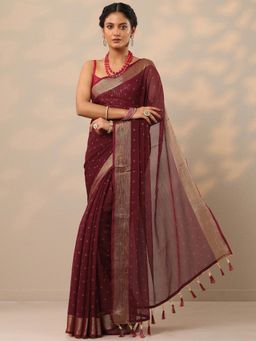 Libas - Womens Wine Printed Pure Chiffon Saree with Unstitched Blouse