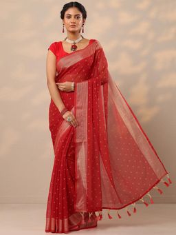 Libas - Womens Red Printed Pure Chiffon Saree with Unstitched Blouse