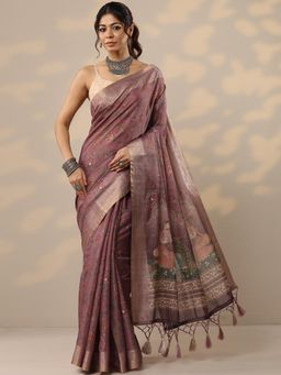 Libas - Womens Lavender Printed Cotton Blend Saree with Unstitched Blouse