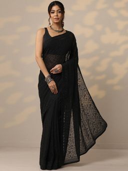Libas - Womens Black Embroidered Pure Georgette Saree with Unstitched Blouse