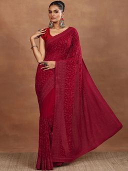Libas - Womens Red Embroidered Pure Georgette Saree with Unstitched Blouse