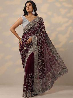 Libas - Womens Burgundy Embroidered Pure Georgette Saree with Unstitched Blouse
