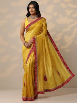 Libas - Womens Yellow Embellished Pure Georgette Saree with Unstitched Blouse