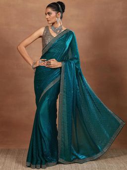 Libas - Womens Teal Embellished Organza Saree with Unstitched Blouse