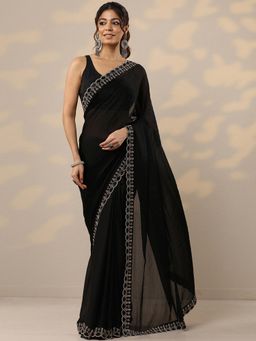 Libas - Womens Black Embellished Organza Saree with Unstitched Blouse