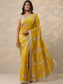 Libas - Womens Yellow Embroidered Silk Blend Saree with Unstitched Blouse