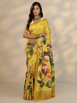 Libas - Womens Mustard Floral Printed Silk Blend Saree with Unstitched Blouse