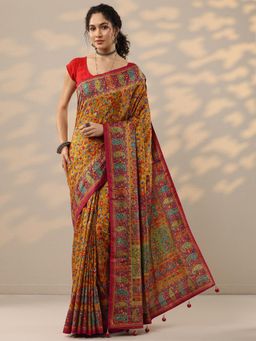 Libas - Womens Mustard Floral Printed Silk Blend Saree with Unstitched Blouse