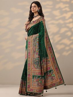 Libas - Womens Green Printed Silk Blend Saree with Unstitched Blouse