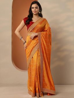 Libas - Womens Mustard Printed Silk Blend Saree with Unstitched Blouse