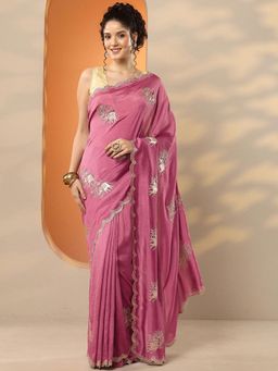 Libas - Womens Mauve Embellished Silk Blend Saree with Unstitched Blouse