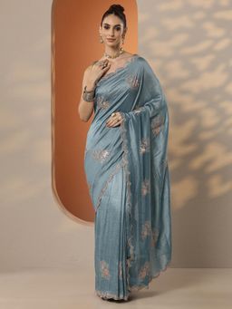 Libas - Womens Blue Embellished Silk Blend Saree with Unstitched Blouse
