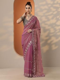 Libas - Womens Pink Embellished Organza Saree with Unstitched Blouse