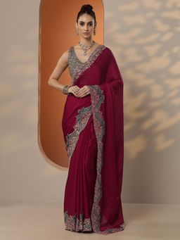 Libas - Womens Maroon Embroidered Pure Chiffon Saree with Unstitched Blouse