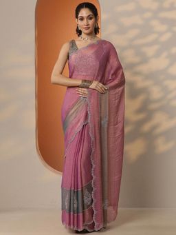 Libas - Womens Peach Embellished Silk Blend Saree with Unstitched Blouse