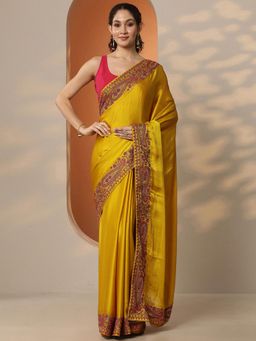 Libas - Womens Mustard Embroidered Silk Blend Saree with Unstitched Blouse