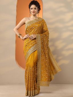 Libas - Womens Mustard Embroidered Silk Blend Saree with Unstitched Blouse