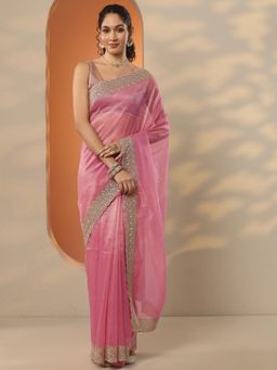 Libas - Womens Pink Embellished Net Saree with Unstitched Blouse