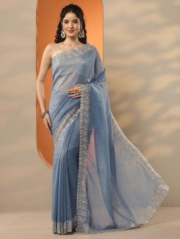 Libas - Womens Grey Embellished Silk Blend Saree with Unstitched Blouse
